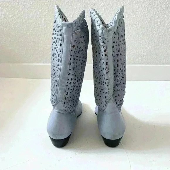 Vintage 80s Steve Fleming Western Blue Mid Calf Boots Perforated Cut Out Boho - Picture 4 of 9